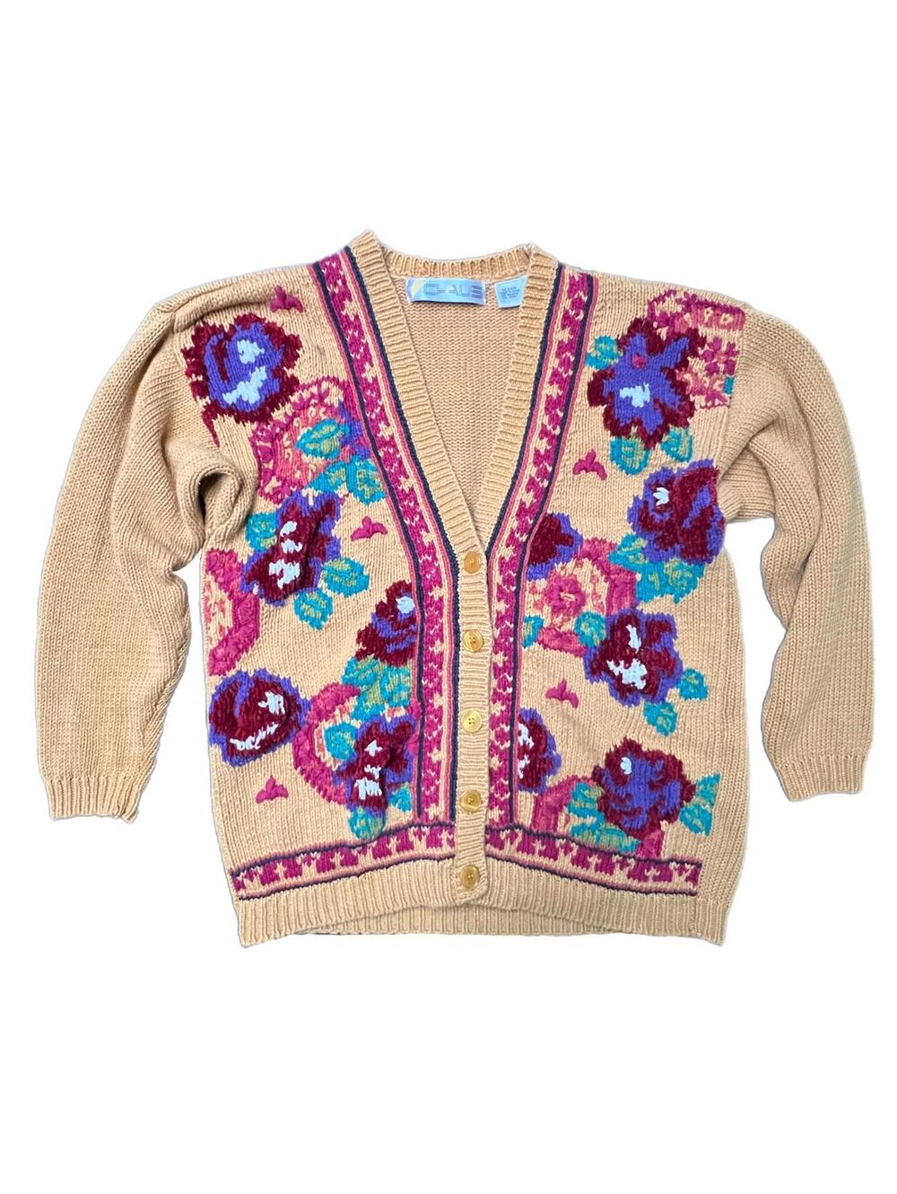 CHAUS Vintage Mustard Colored Floral Cardigan Sweater - M‎